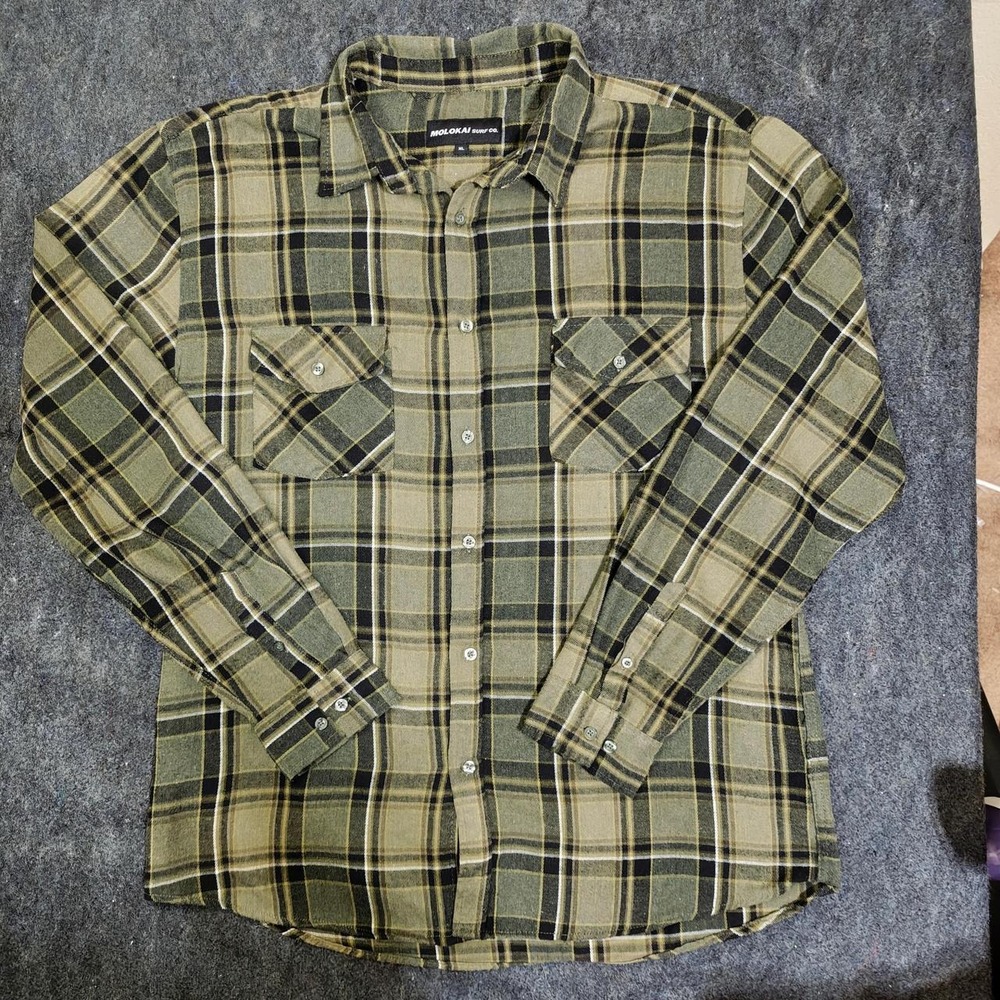 Molokai Surf Co Mens XL Flannel Shirt Green Black Plaid Long Sleeve Button Down